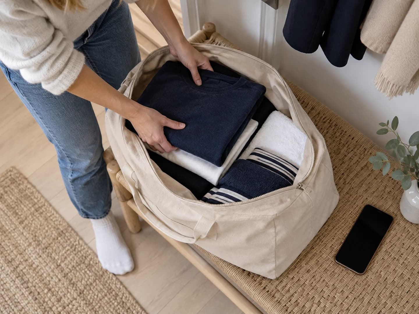 Klær pakkes i en bag og gjøres klare for henting